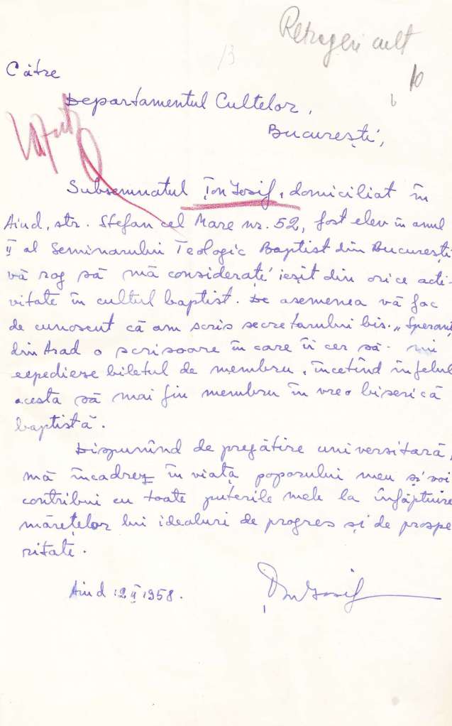 1958 - Iosif Ton - Scrisoare de retragere din cultul baptist